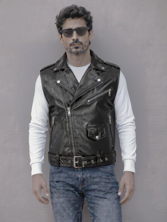 Biker Leather Vest - Black