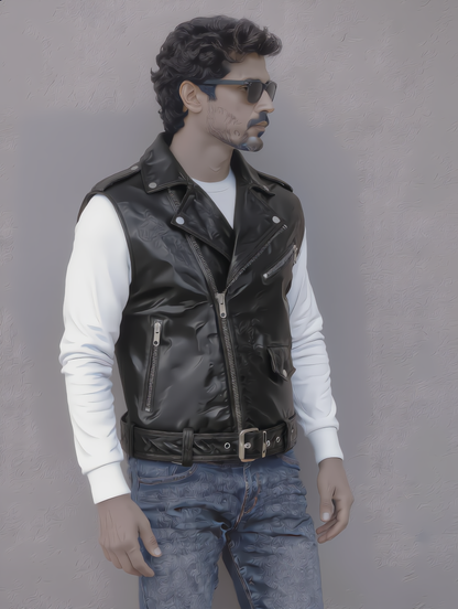 Biker Leather Vest - Black