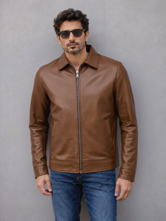 Classic Leather Collar Jacket - Brown