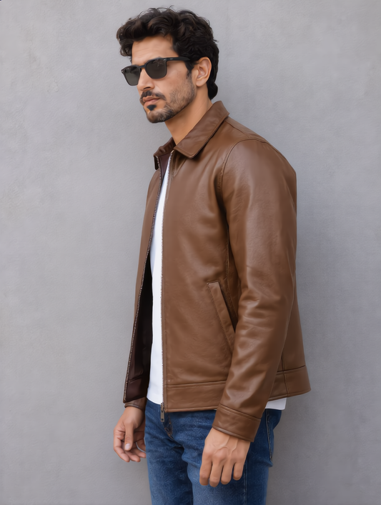 Classic Leather Collar Jacket - Brown