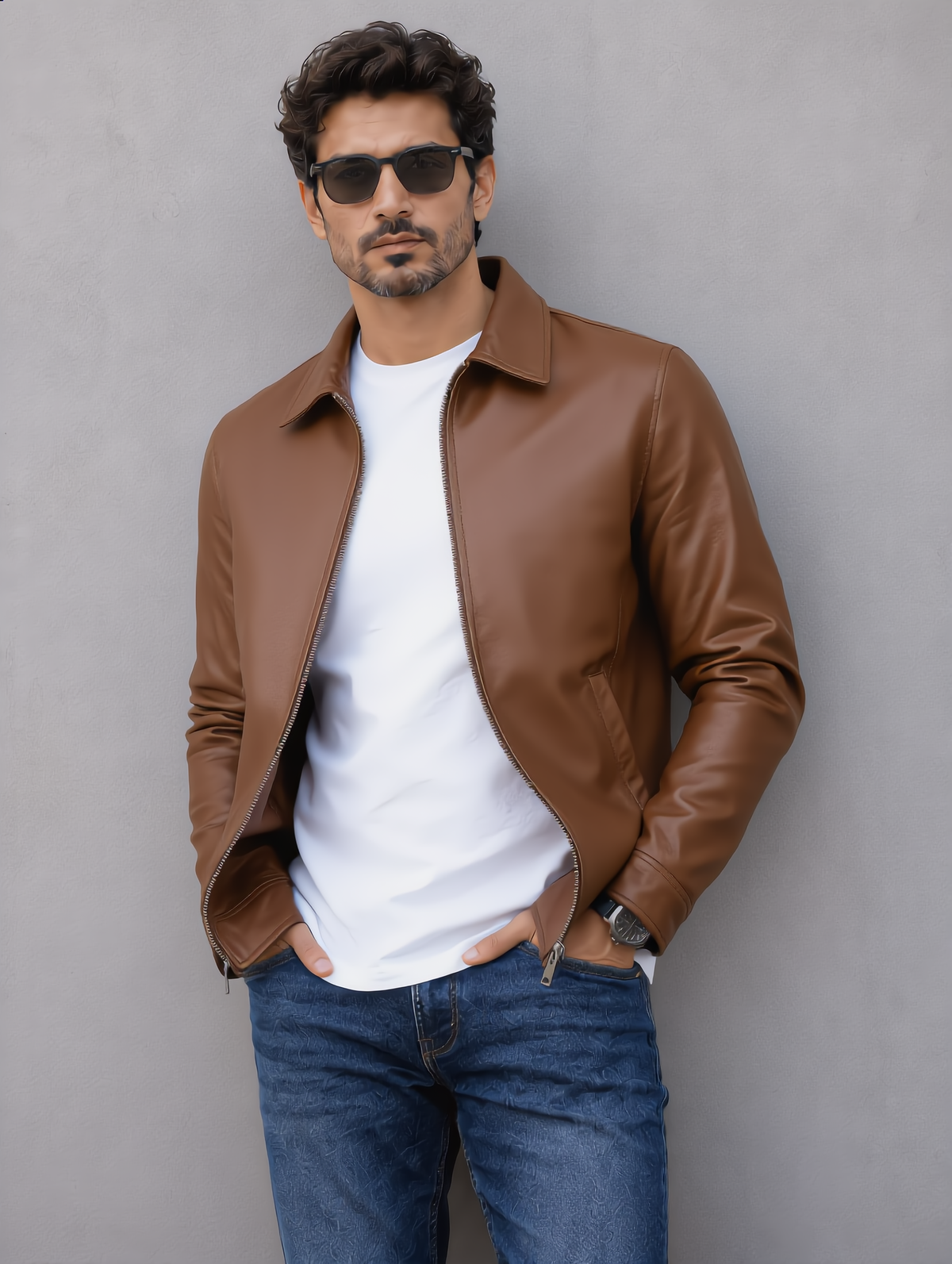 Classic Leather Collar Jacket - Brown