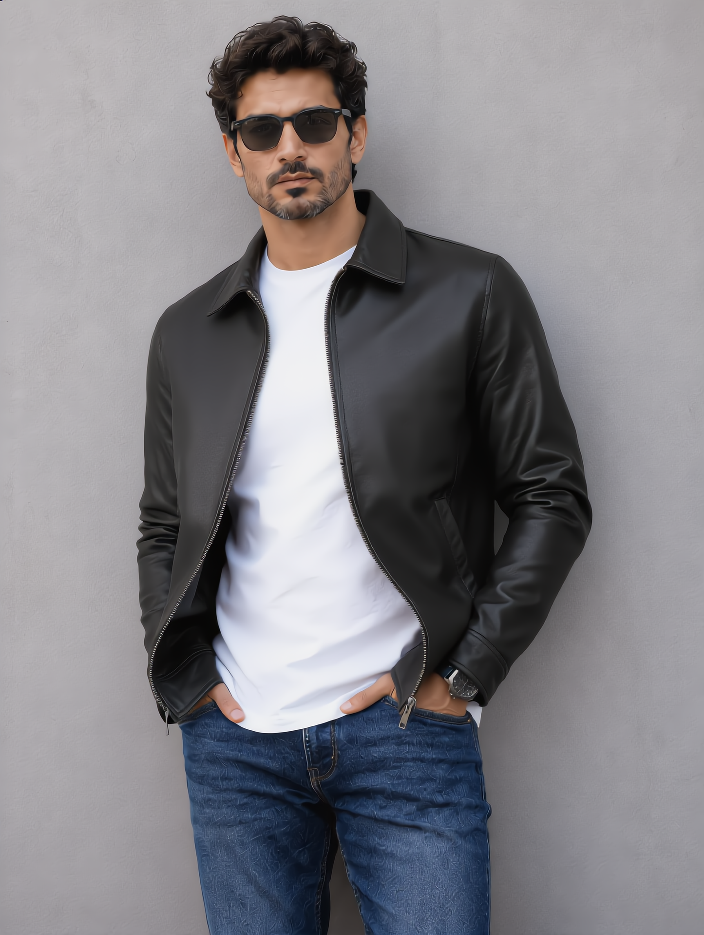 Classic Leather Collar Jacket - Black