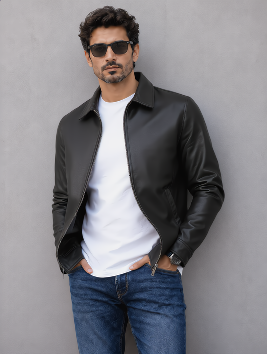 Classic Leather Collar Jacket - Black