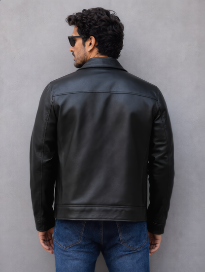 Classic Leather Collar Jacket - Black