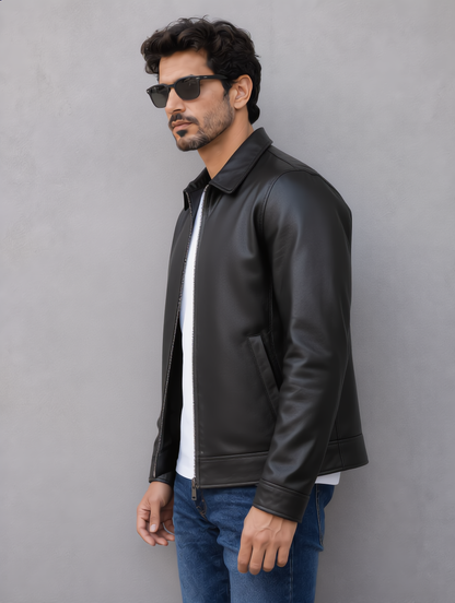 Classic Leather Collar Jacket - Black