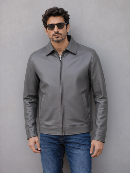 Classic Leather Collar Jacket - Gray