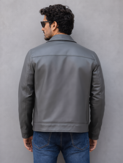 Classic Leather Collar Jacket - Gray