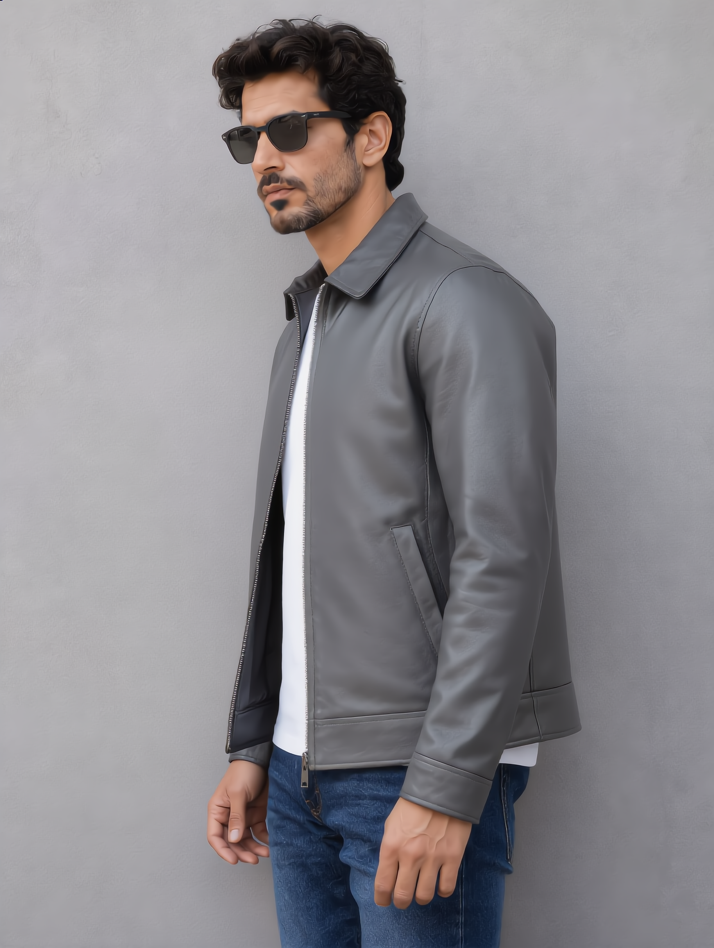 Classic Leather Collar Jacket - Gray