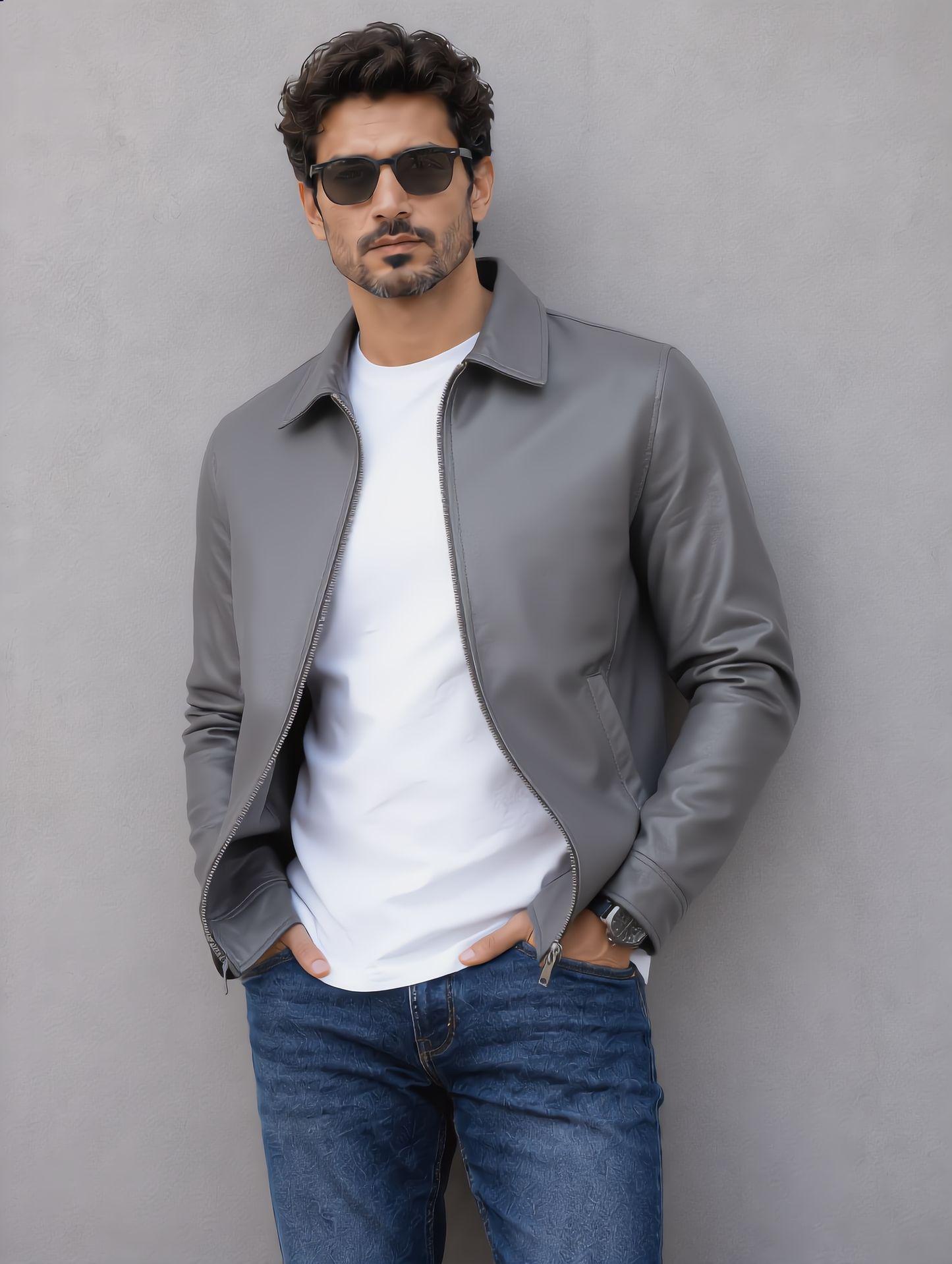 Classic Leather Collar Jacket - Gray