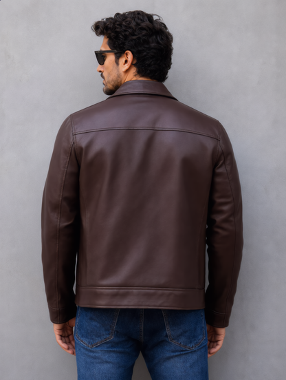 Classic Leather Collar Jacket - Chocolate