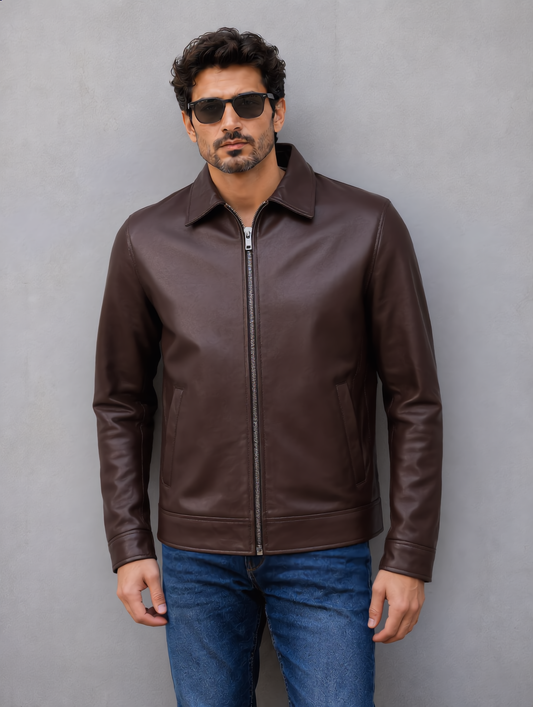 Classic Leather Collar Jacket - Chocolate