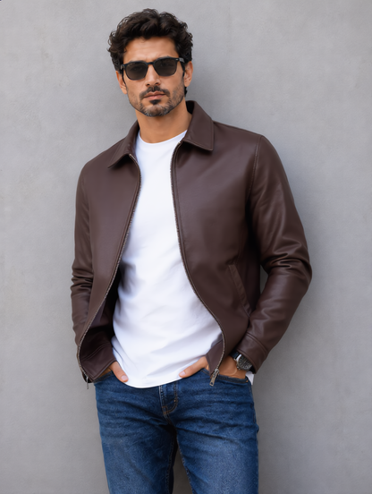 Classic Leather Collar Jacket - Chocolate