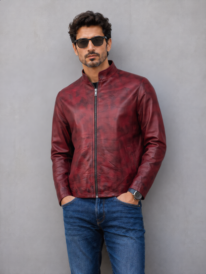 Distressed Leather Jacket - Burgundy