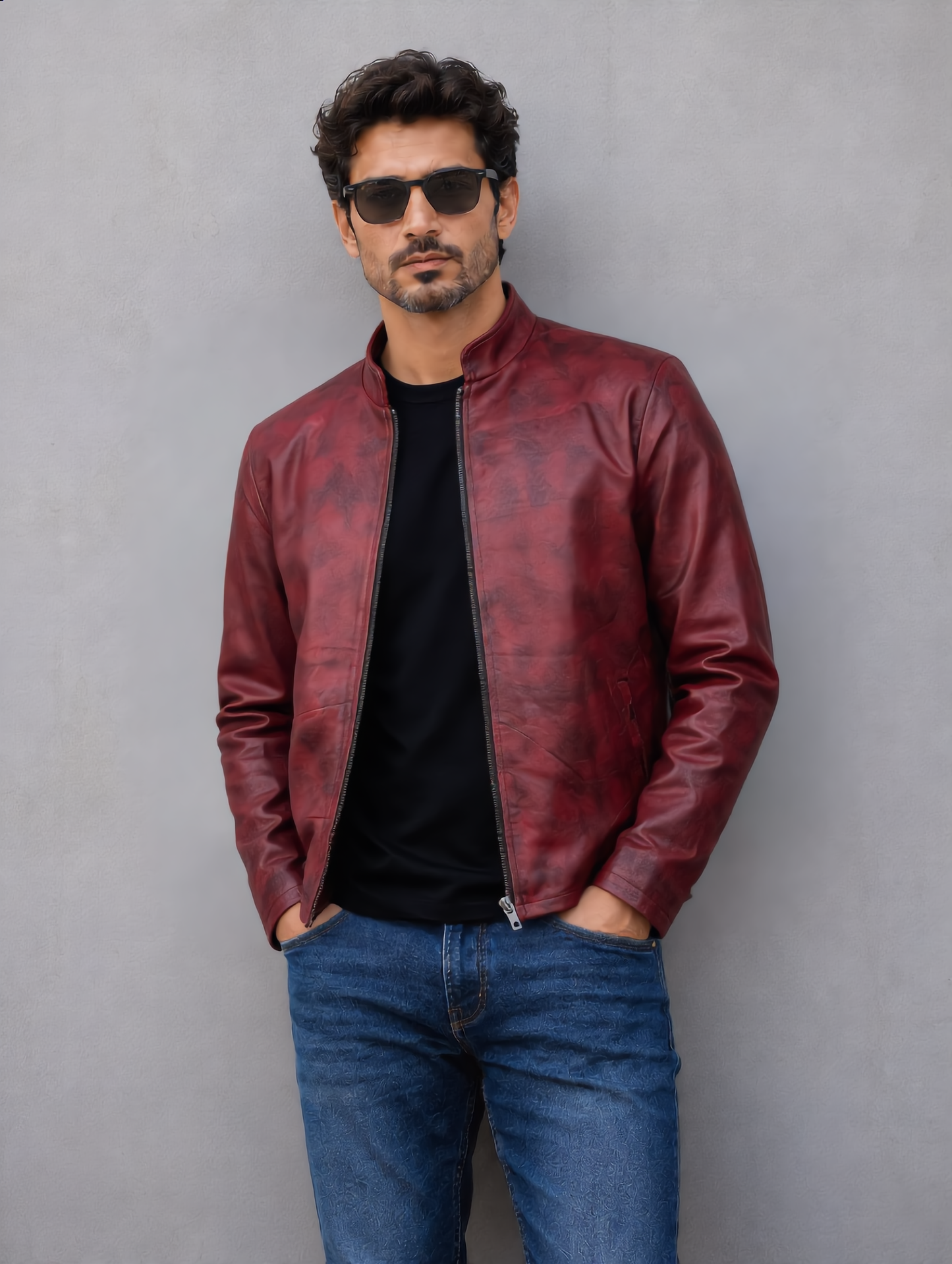 Distressed Leather Jacket - Burgundy