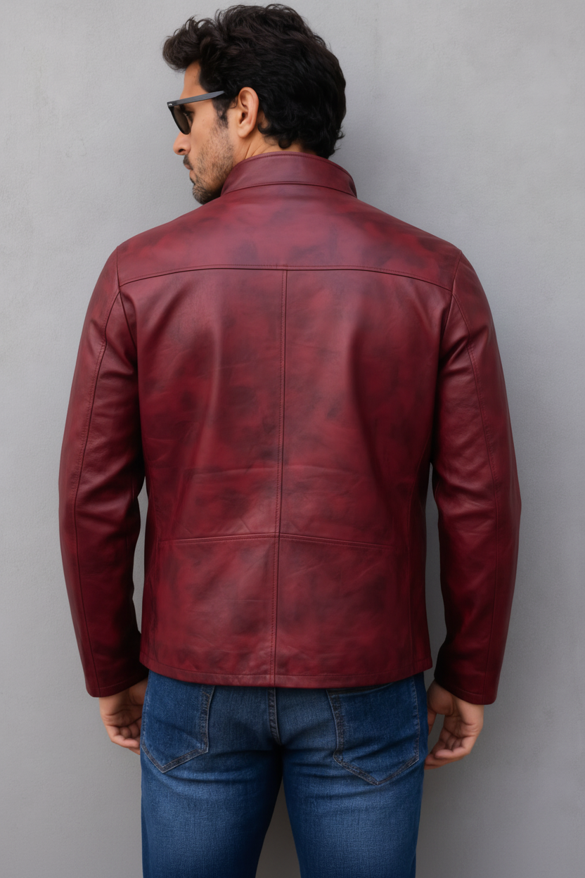 Distressed Leather Jacket - Burgundy