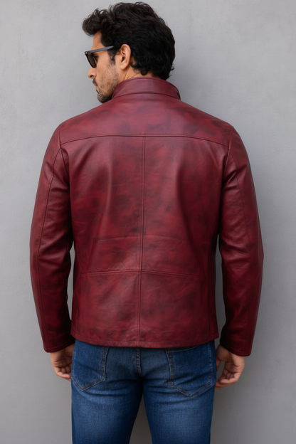 Distressed Leather Jacket - Burgundy