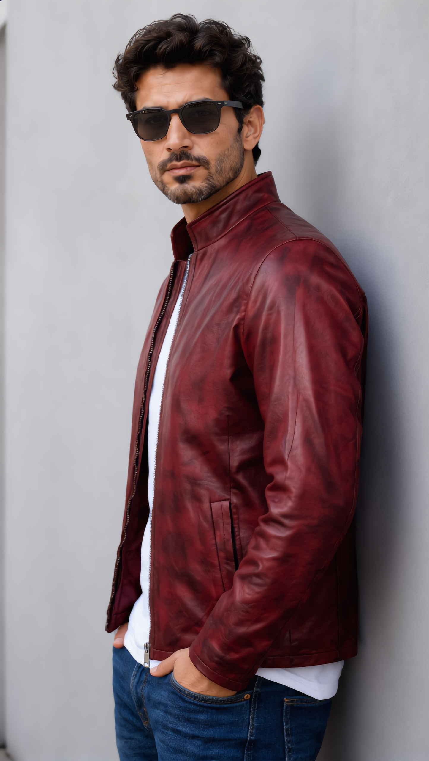 Distressed Leather Jacket - Burgundy