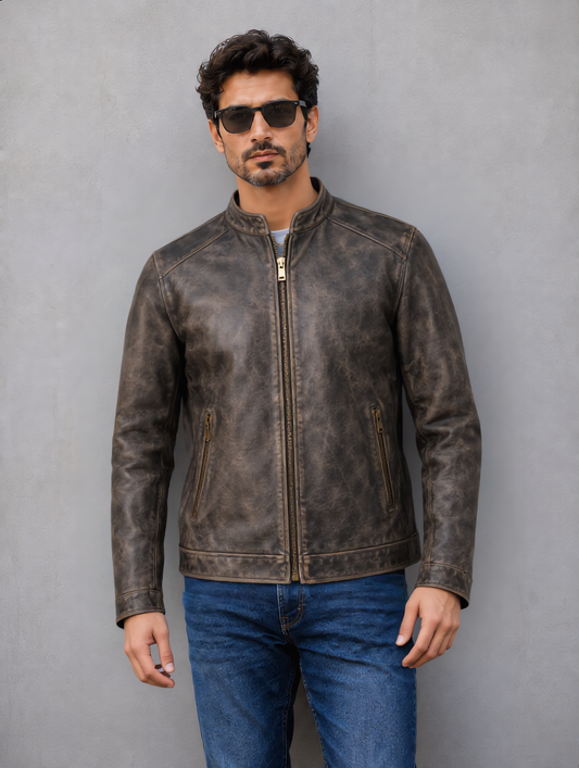 Distressed Leather Jacket - Brown