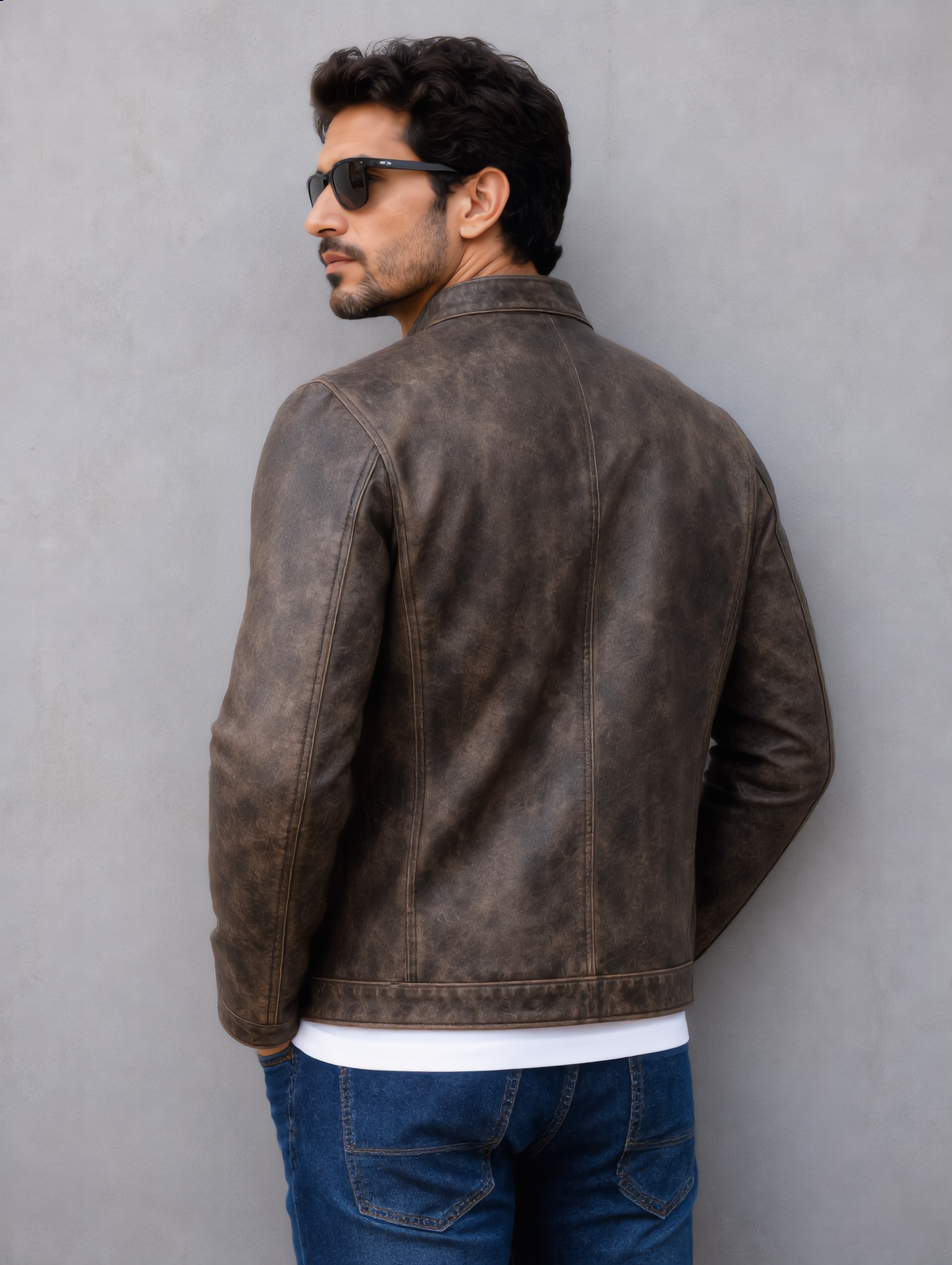 Distressed Leather Jacket - Brown