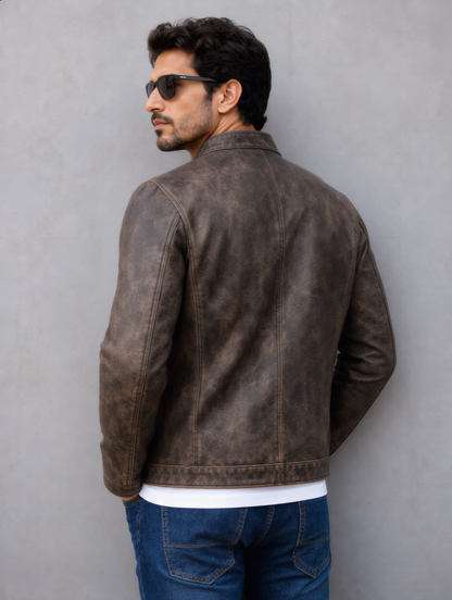 Distressed Leather Jacket - Brown