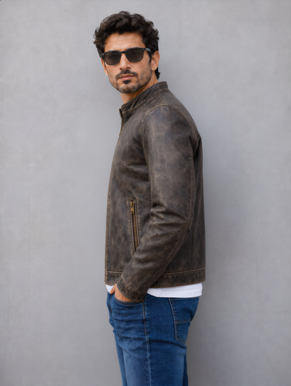 Distressed Leather Jacket - Brown