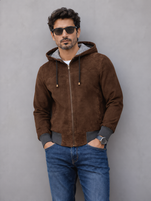 Suede Leather Hooded Jacket - Brown