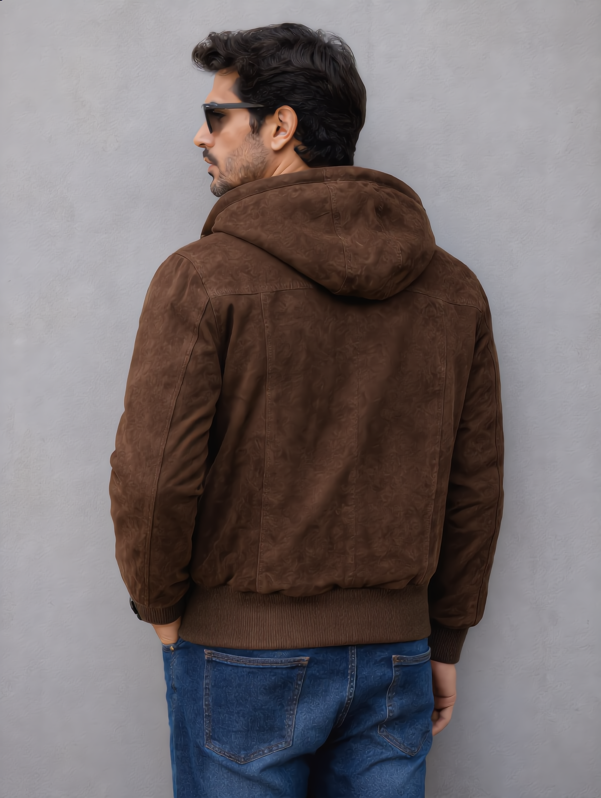 Suede Leather Hooded Jacket - Brown