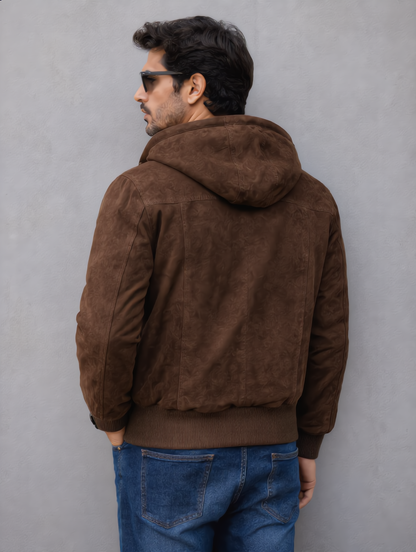 Suede Leather Hooded Jacket - Brown