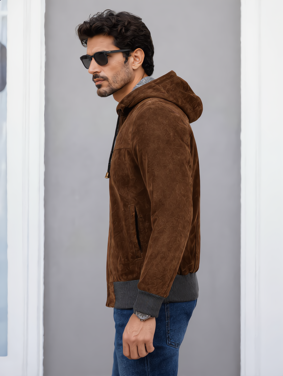 Suede Leather Hooded Jacket - Brown