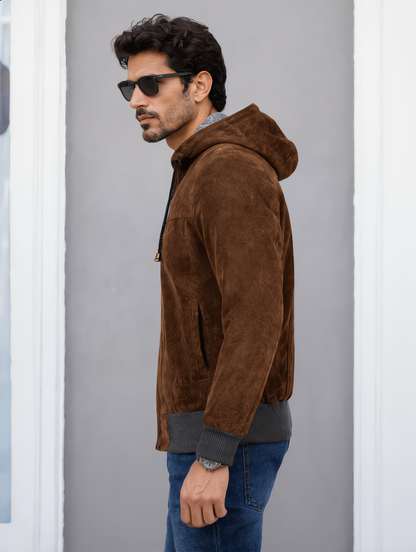 Suede Leather Hooded Jacket - Brown