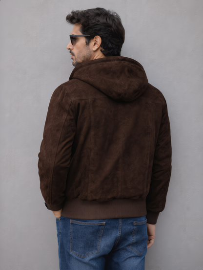 Suede Leather Hooded Jacket - Chocolate