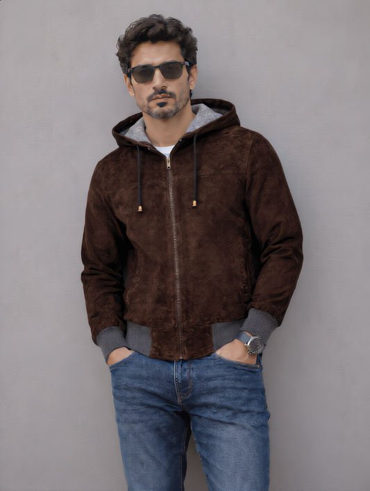 Suede Leather Hooded Jacket - Chocolate