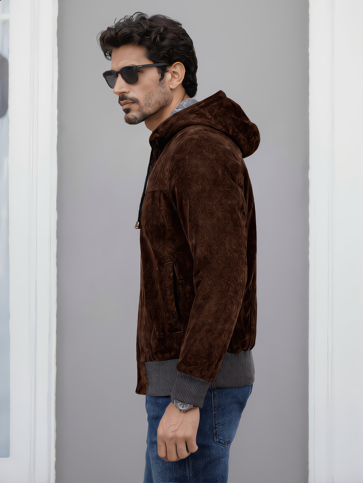 Suede Leather Hooded Jacket - Chocolate
