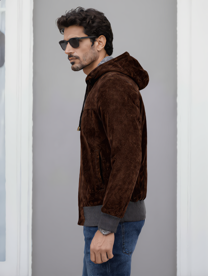 Suede Leather Hooded Jacket - Chocolate
