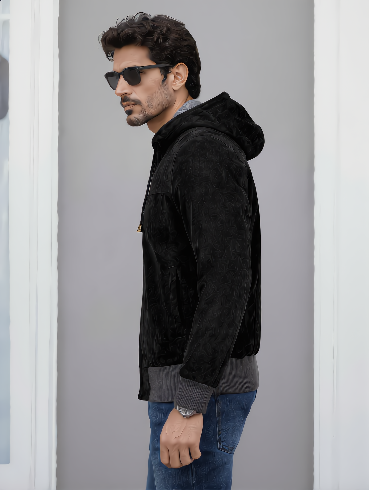 Suede Leather Hooded Jacket - Black