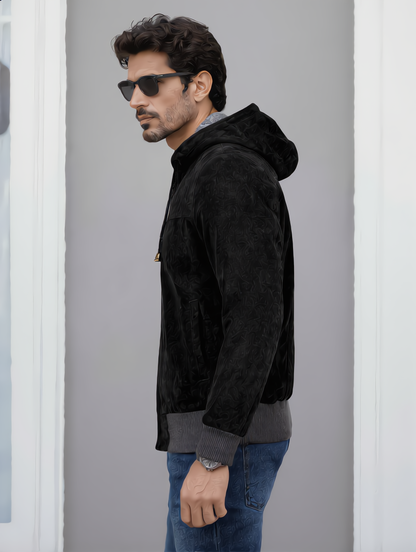 Suede Leather Hooded Jacket - Black