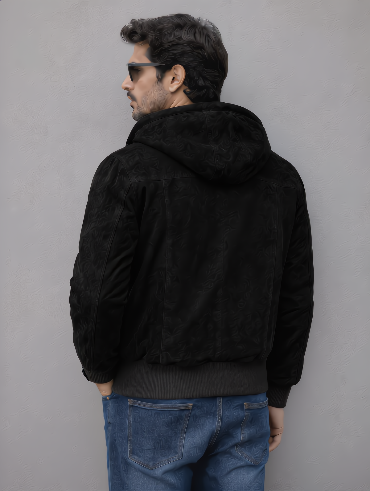 Suede Leather Hooded Jacket - Black