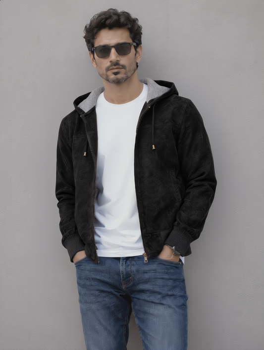 Suede Leather Hooded Jacket - Black