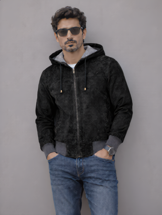 Suede Leather Hooded Jacket - Black