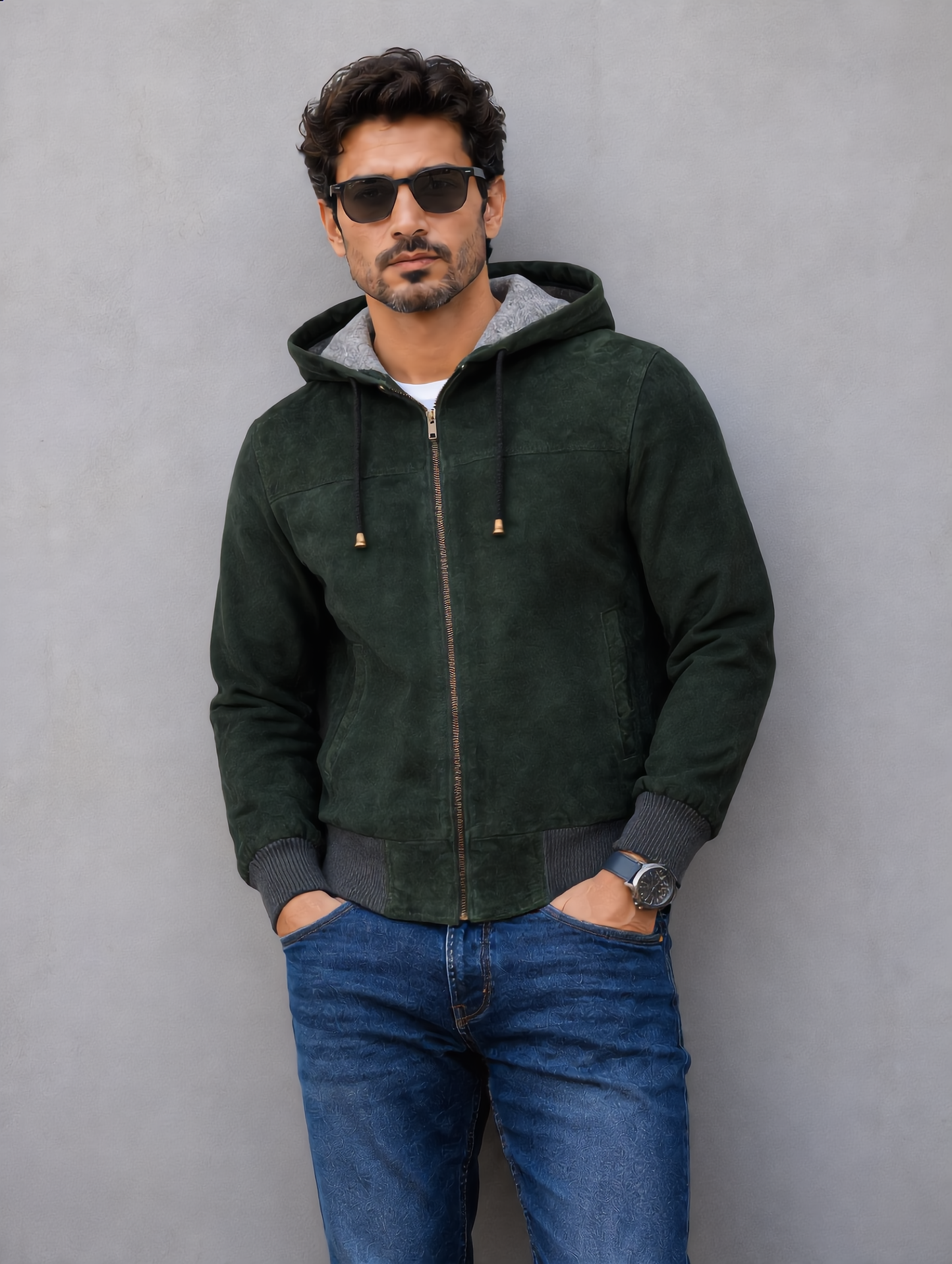 Suede Leather Hooded Jacket - Green