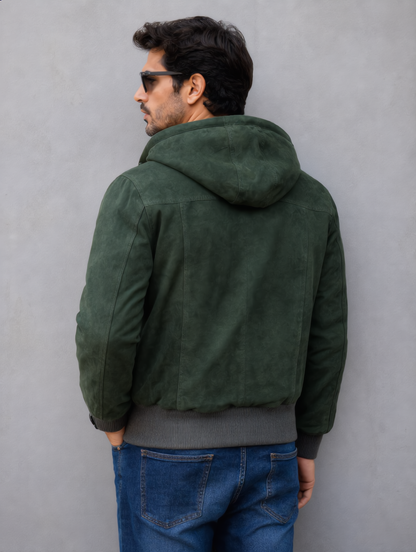 Suede Leather Hooded Jacket - Green