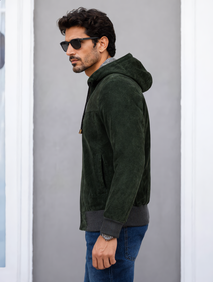 Suede Leather Hooded Jacket - Green
