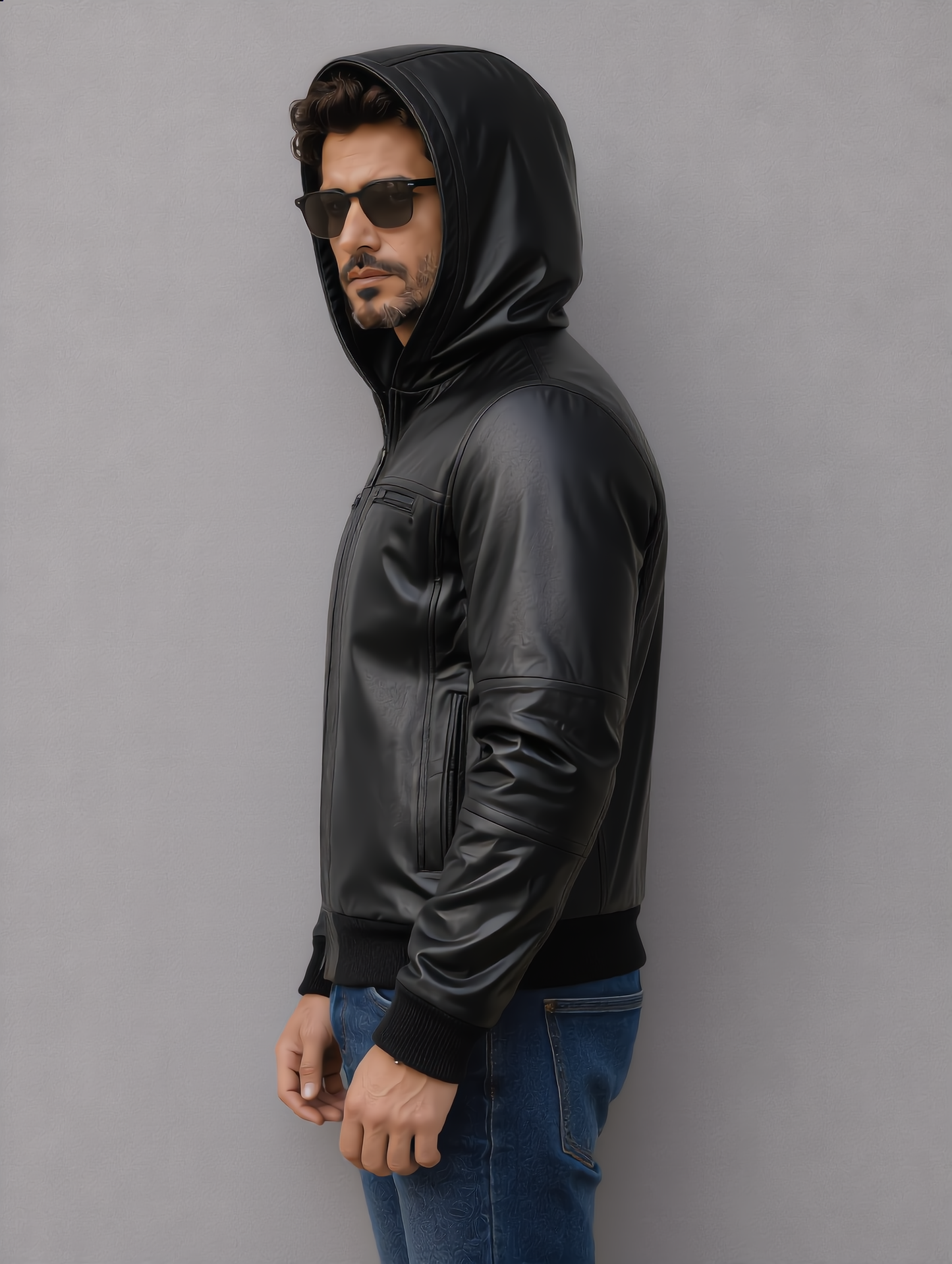Hooded Leather Bomber Jacket - Black