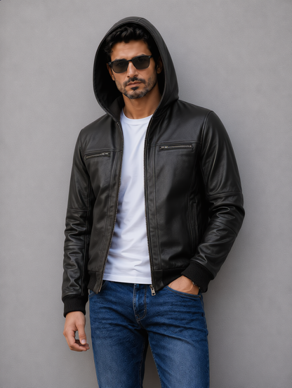 Hooded Leather Bomber Jacket - Black