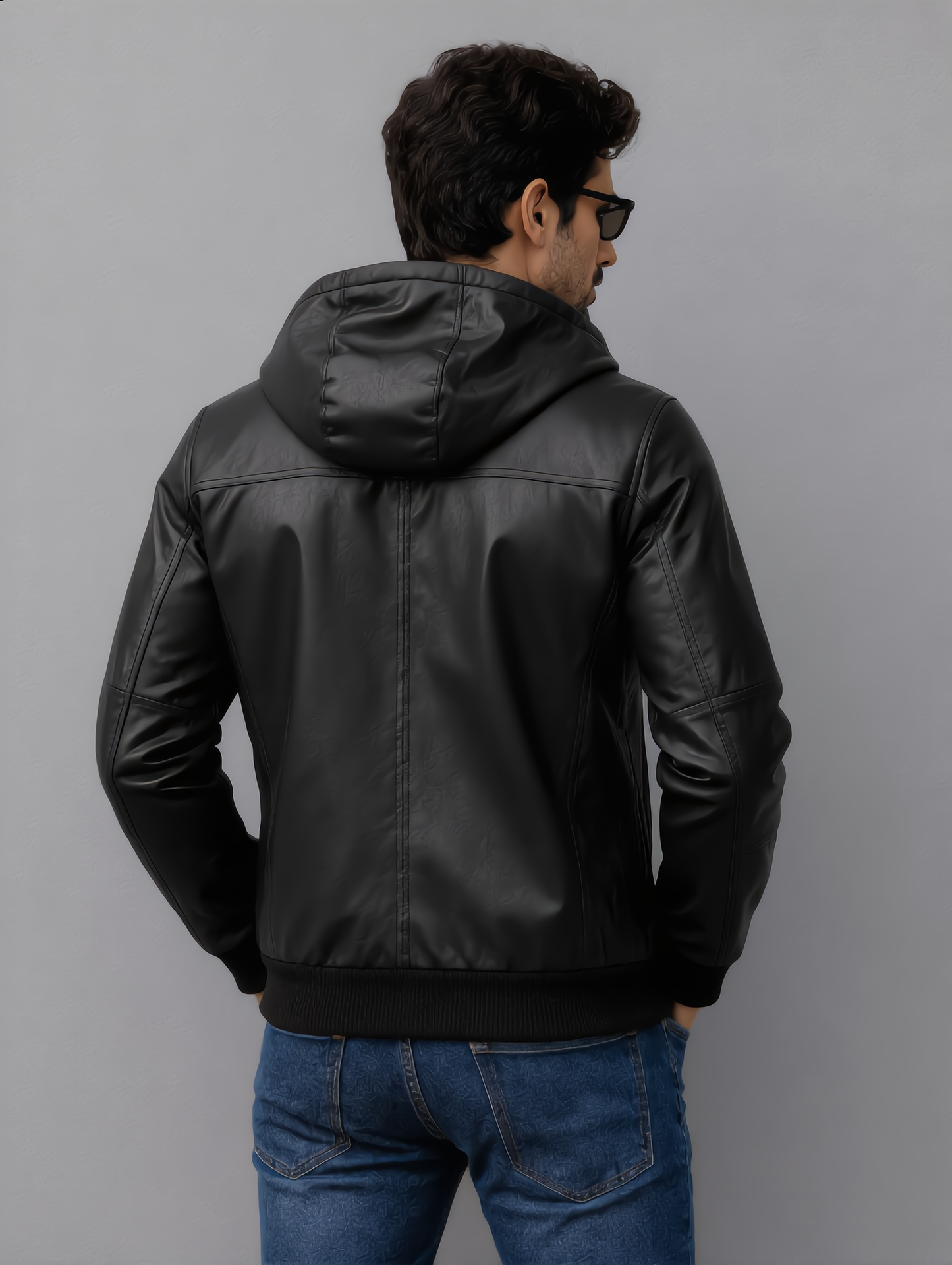 Hooded Leather Bomber Jacket - Black