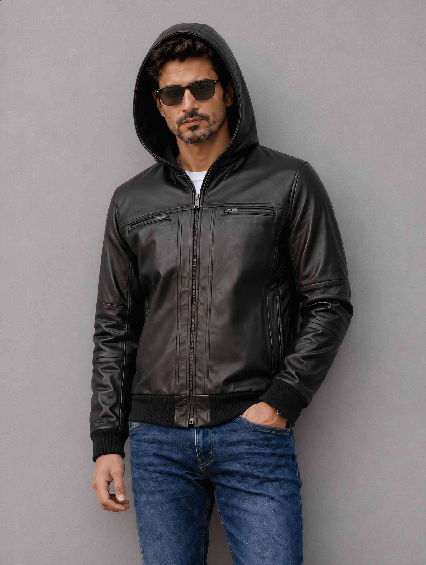 Hooded Leather Bomber Jacket - Black
