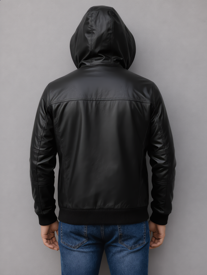 Hooded Leather Bomber Jacket - Black