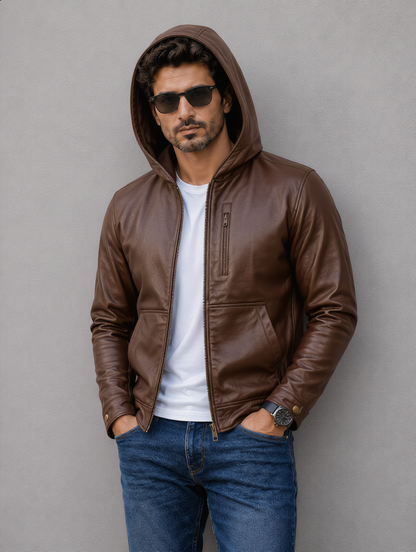 Hooded Leather Jacket - Chocolate