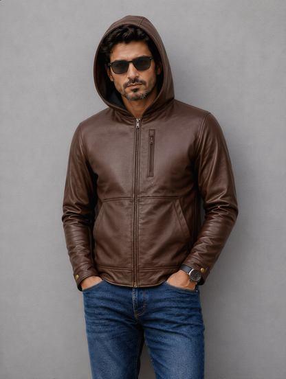 Hooded Leather Jacket - Chocolate