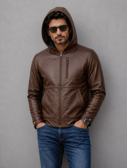 Hooded Leather Jacket - Chocolate